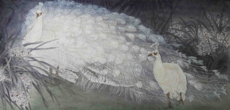 White Peacocks. Watercolour on paper, (630mm x 1280mm), unframed.