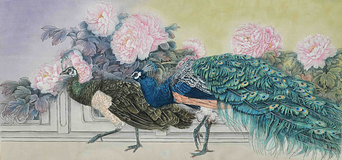 Peacocks and Peony. Watercolour on Chinese Xuan paper, (630mm x 1280mm), unframed.
In Chinese culture the Peony symbolizes wealth and abundance, and the peacock evokes prosperity.